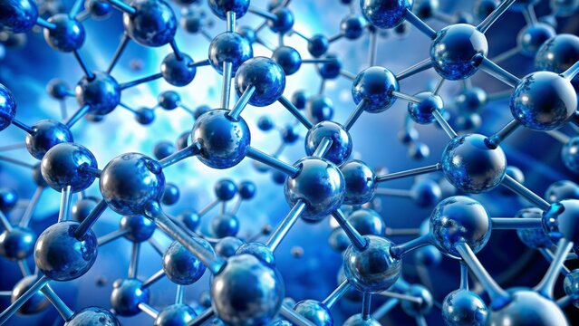 Detailed 3d illustration of abstract molecular structure in blue tone, showcasing intricate chemical bonds and atomic orbitals, perfect for science and medical backgrounds.