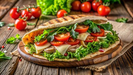 Freshly baked pita bread encasing juicy turkey, crispy lettuce, ripe tomatoes, and melted cheese, garnished with fresh herbs, on a rustic wooden background.