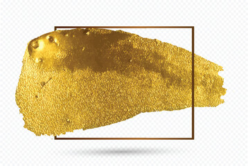 Gold paint brush smear stroke. Golden paint brush stroke with foil texture. Hand drawing gold brush stroke paint spot design element. Acrylic golden color stain on white background. 