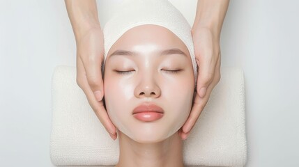 Healthy Asian woman in a spa environment, clear and glowing skin, isolated on a white background, exuding calmness and wellness