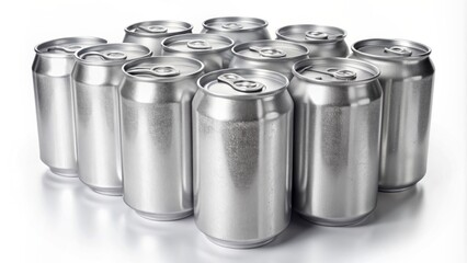 Sparkling clean, empty, isolated, vertically-standing, crushed, and whole shiny silver aluminum beverage cans with bright highlights on a plain white background 