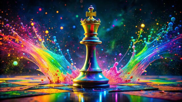 Vibrant neon king chess piece stands out amidst dynamic paint splashes on a chessboard, radiating energy and playfulness in a mesmerizing abstract composition.