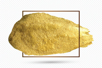 Gold paint brush smear stroke. Realistic gold brush stroke with metallic effect. Hand drawing gold brush stroke paint spot design element. Acrylic golden color stain on white background. 