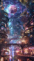 Vibrant Futuristic Marketplace with Diverse Magical Goods and Surreal Energy