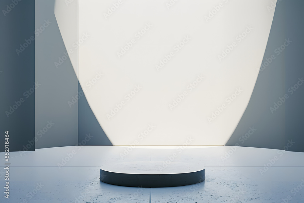 Poster an empty exhibition space with a pedestal, featuring a modern and minimalist design, set against a p