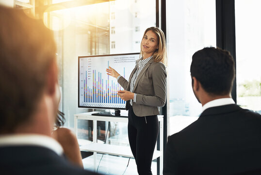 Business, woman and presentation with graphs on screen for user personas, customer insights and feedback or income level. People, analytics and speaking of client demographics and product management.
