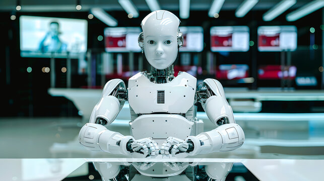 Robot assis &agrave; une table dans un bureau de pilotage industriel