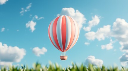 Obraz premium Hot air balloon resembling a huge sausage, floating majestically in the sky, blue backdrop with scattered fluffy clouds, a blend of humor and adventure