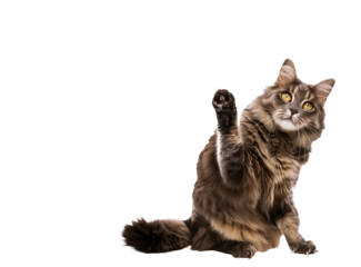 Full body shot of Maine Coon cat, sitting, looking around curiously.