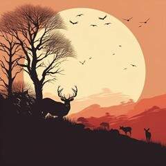 Naklejka premium Wildlife scene in a minimalist style