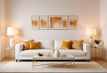 modern living room with orange painting, oramge pillow and sofa