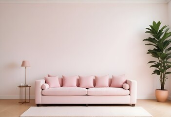 modern living room with pink pillow,, wall and sofa