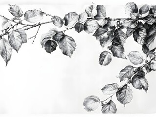 Simple pen ink, Sketch drawing of a leaves branch on white paper, vintage minimal style background, wallpaper, wall art, tattoo, card