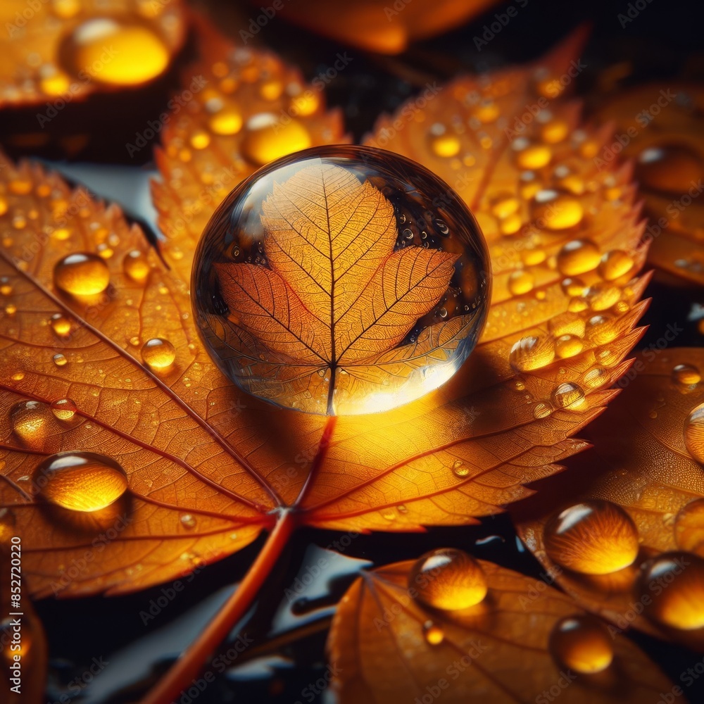 Poster a mesmerizing close-up of a water droplet magnifying an autumn leaf. the vibrant colors and detailed