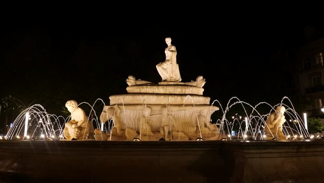City of Seville, Spain, Fuente De Hispalis fountain illuminated at night on Puerta de Jerez Square, built for the Ibero-American Exposition in 1929.
