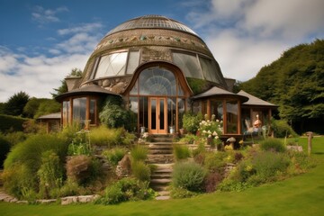 Eco-friendly wooden dome house surrounded by trees