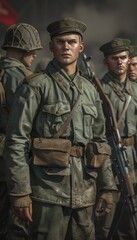 Fototapeta premium Envision a scenario where soldiers clad in military uniforms stand stoically, embodying the essence