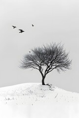 Fototapeta premium Simple pen ink, Sketch drawing of a landscape mountain and willow tree on white paper, vintage minimal style background, wallpaper, wall art, tattoo, card
