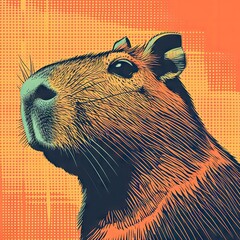 Muzzle of a bright capybara in profile on a black background, pop art illustration