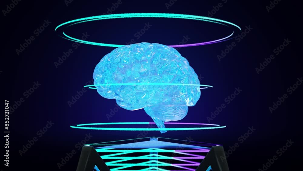 Poster 3d animation of brain with spiral lines over modern machine