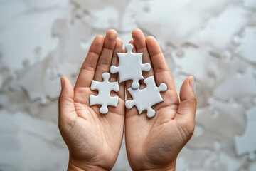 Monochrome Hands Displaying Puzzle Pieces – Concept of Problem Solving and Teamwork in Business