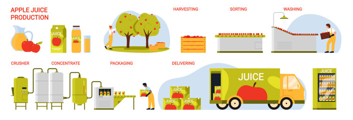 Apple juice production process in factory, manufacturing stages set. Fruit harvesting, sorting and washing for processing into natural juice, packaging in bottle, delivery cartoon vector illustration