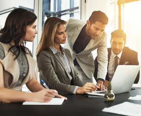 Team, business meeting and laptop for review in company as consultant in accounting firm or bank in workshop or office. Group, people and technology in collaboration for growth or career in finance