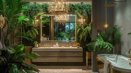 A chic bathroom design with an elegant chandelier, a large wall mirror with rope light framing, lush greenery, and a modern vanity with gold fixtures,