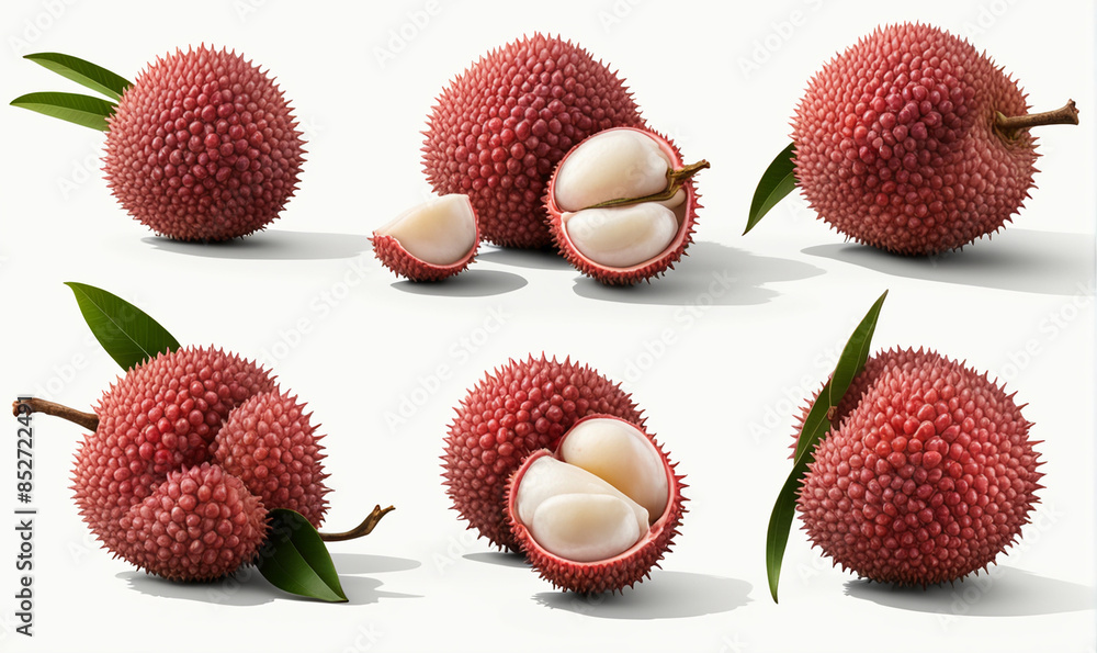 Wall mural  Lychee litchi lichee fruit, many angles and view side top front group peel halved isolated on white background cutout. Mockup template for artwork graphic design  - Wall murals
