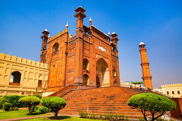 The entrance to Badshahi mosque in Lahore, Punjab, Pakistan. 