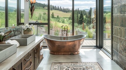A chic bathroom with a freestanding copper bathtub, a double vanity with concrete sinks, custom tilework, and a large glass window offering a scenic view,