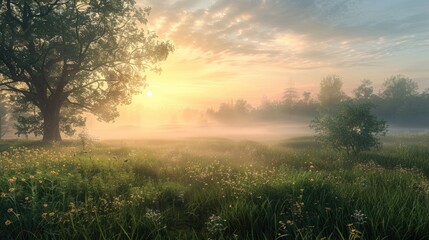Cool Spring morning with misty sunrise
