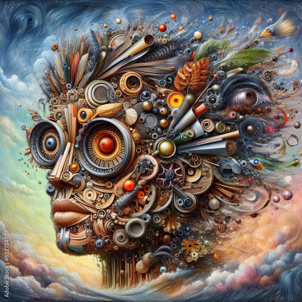 Poster an imaginative and surreal artistic collage depicting a human face composed of various mechanical ob