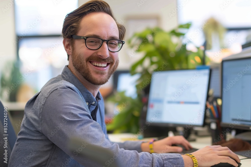 Poster man in glasses smiling while working on a computer at a desk, surrounded by plants in an office.