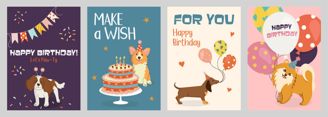 Festive Happy Birthday greeting cards or invitations in doodle style. Cute hand-drawn dogs in hats with cake and balloons. Bright vector templates for party, event.