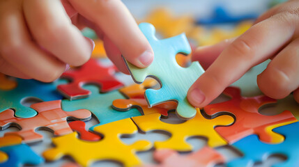 Close-up of small hands placing puzzle pieces together highlighting textures and colors.
