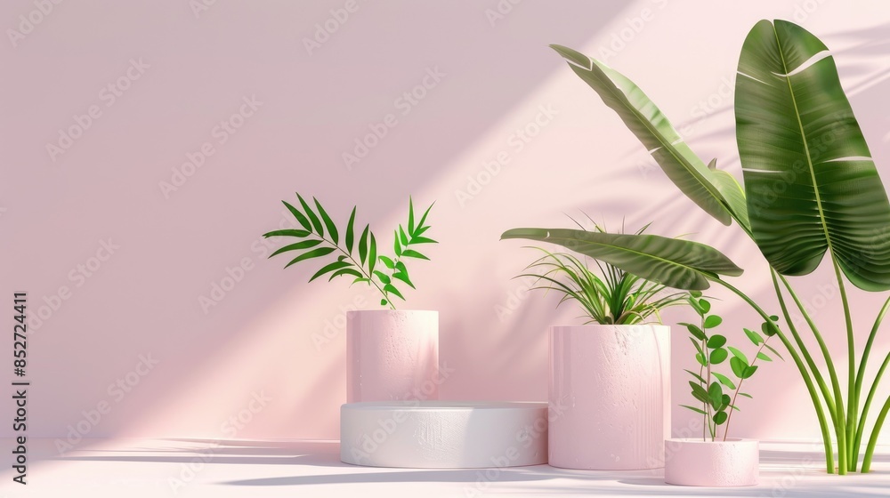 Aufkleber 3d rendering of tropical plants and a podium for product display presentation on a pastel pink backg