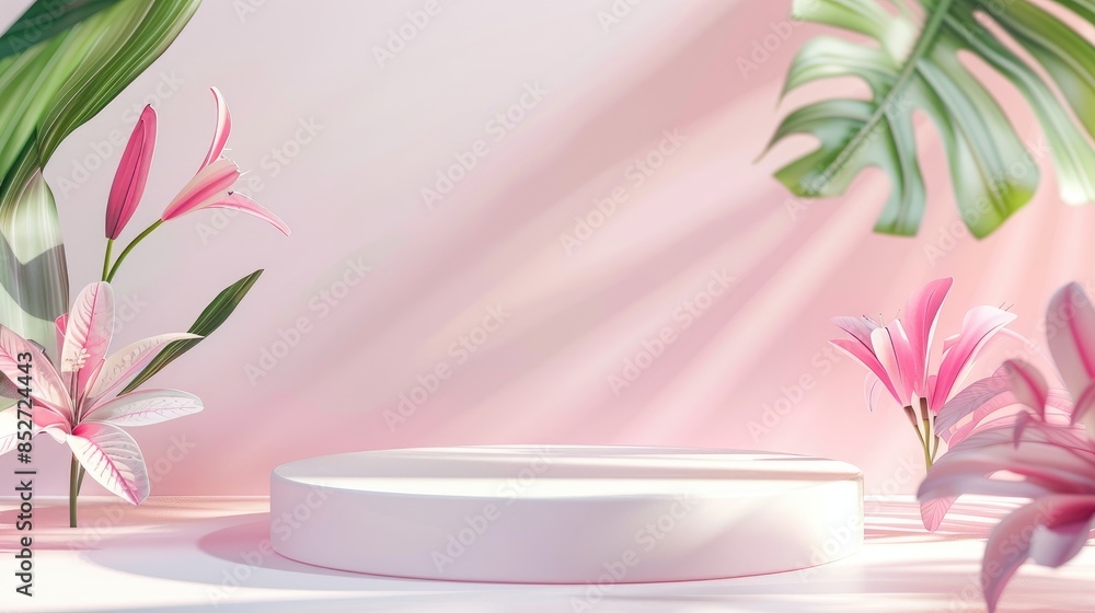 Poster 3d rendering of an empty podium with tropical leaves and a pink lily flower on a pastel background f