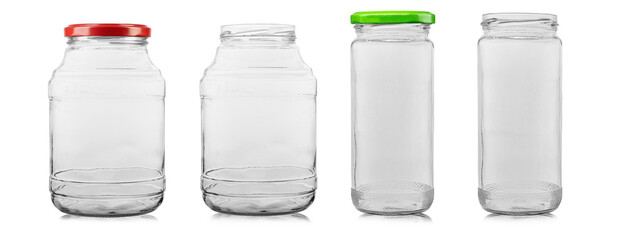 Collection of glass jars for food and preservation isolated on white background.