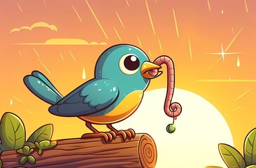 The early bird catches the worm, English idiom. A bird catching a worm while the sun rises.