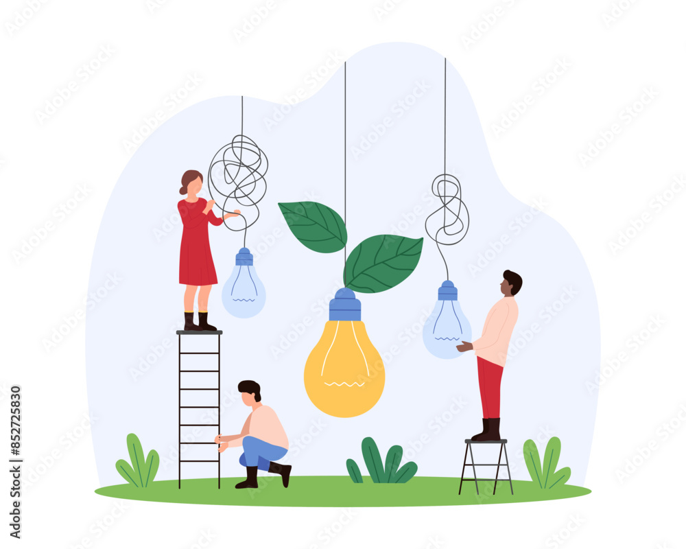 Aufkleber clarity and simplification in solving problem, brainstorm process to simplify solution. tiny people 