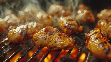 BBQ Grill: A close-up of a flavorful smoke as sausages and chicken wings cook, capturing the essence of a smoky BBQ session. 