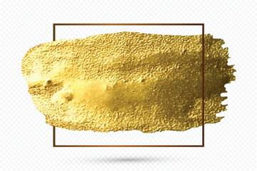 Gold paint brush vector smear stroke. Collection of golden paint strokes as design element. Glitter gold banner with glossy texture for banner, invitation, wedding template on white background. 