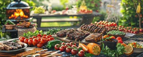 A large outdoor barbecue with a variety of meats and vegetables, barbecue grill, bbq background.