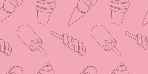 seamless pattern with hand drawn ice cream in line art style, outline vector illustration on pink background, template for banner,background,print,textile,wrapping paper