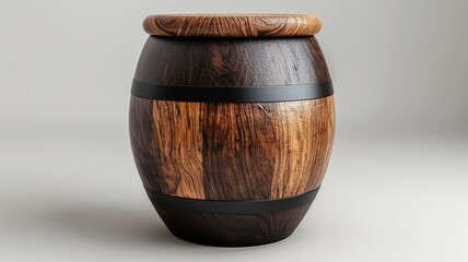 Wooden barrel with metal bands on a plain background