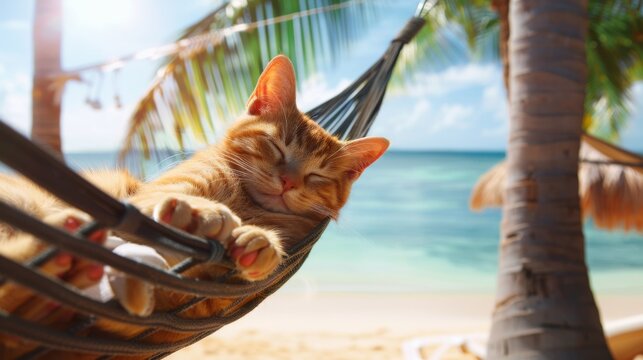 Sleepy cat napping in a hammock strung between two palm trees on a tropical beach