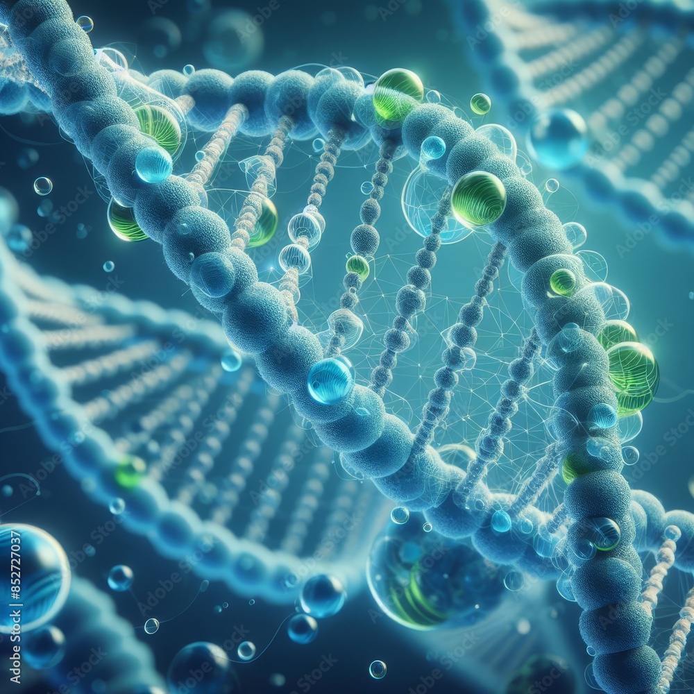 Poster close-up of dna strands with intricate molecular structures and vibrant colors. this image highlight