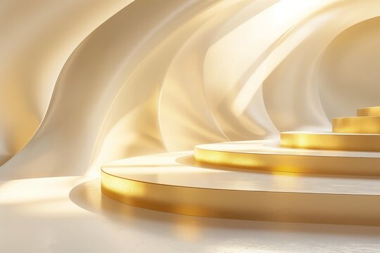 3D display podium, white background with pedestal and gold color metal wave. Nature wind. Beauty, cosmetic product presentation stand. Luxury feminine mockup 3d render advertisement