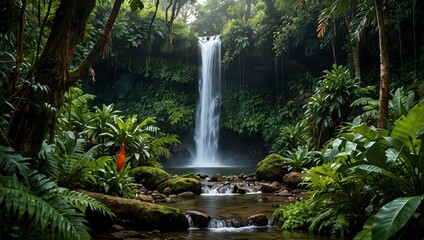 About a lush tropical rainforest alive with cascading waterfalls and vibrant wildlife ai_generated